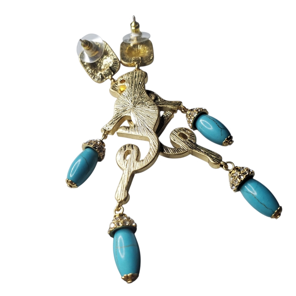 Gold Panther Leopard Massive Turquoise Crystal Dangle Earrings - Picture 4 of 4